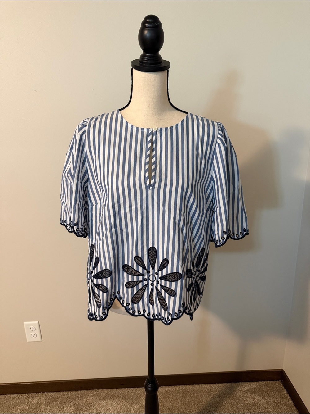 LOFT Blue & White Striped Embroidered Scallop-Hem Blouse